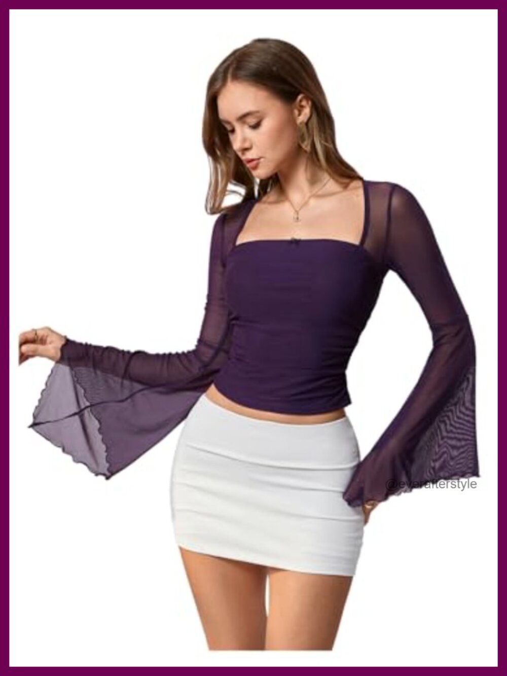 MakeMeChic Women's Mesh Sheer Bell Sleeve Crop Top Blouse